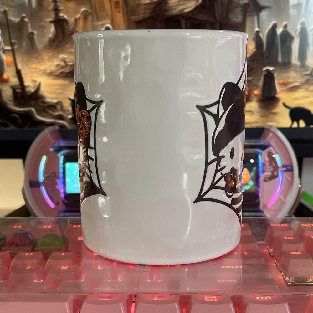 Hello Kitty Halloween Mug Bandit White Orange Black Cobweb 17oz 2024 Sanrio - Picture 4 of 8